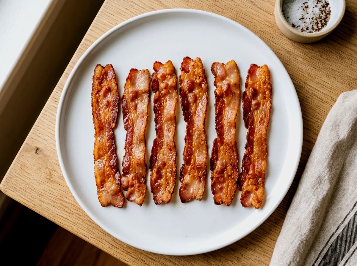 Crispy bacon strips on plate