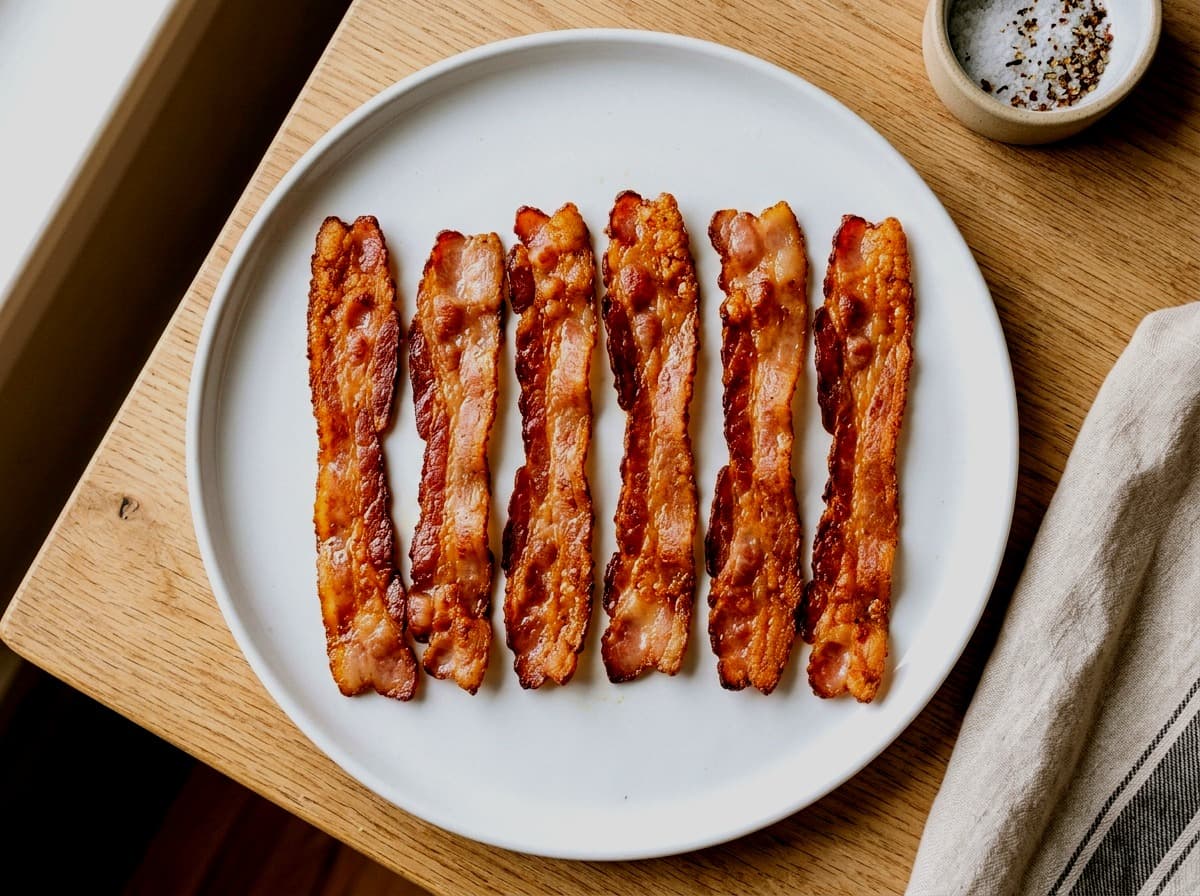 Extra Crispy bacon strips on plate