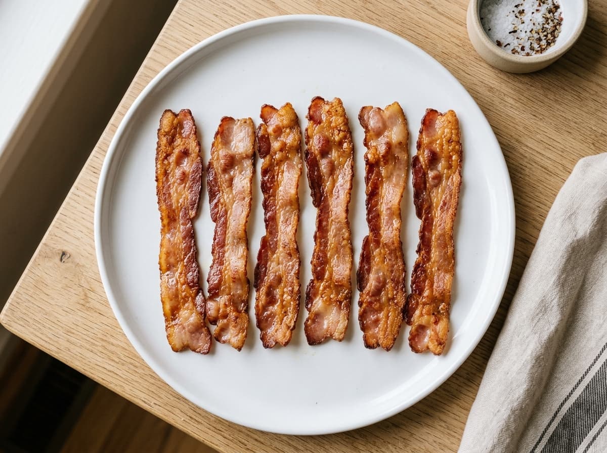 Lightly Crisp bacon strips on plate