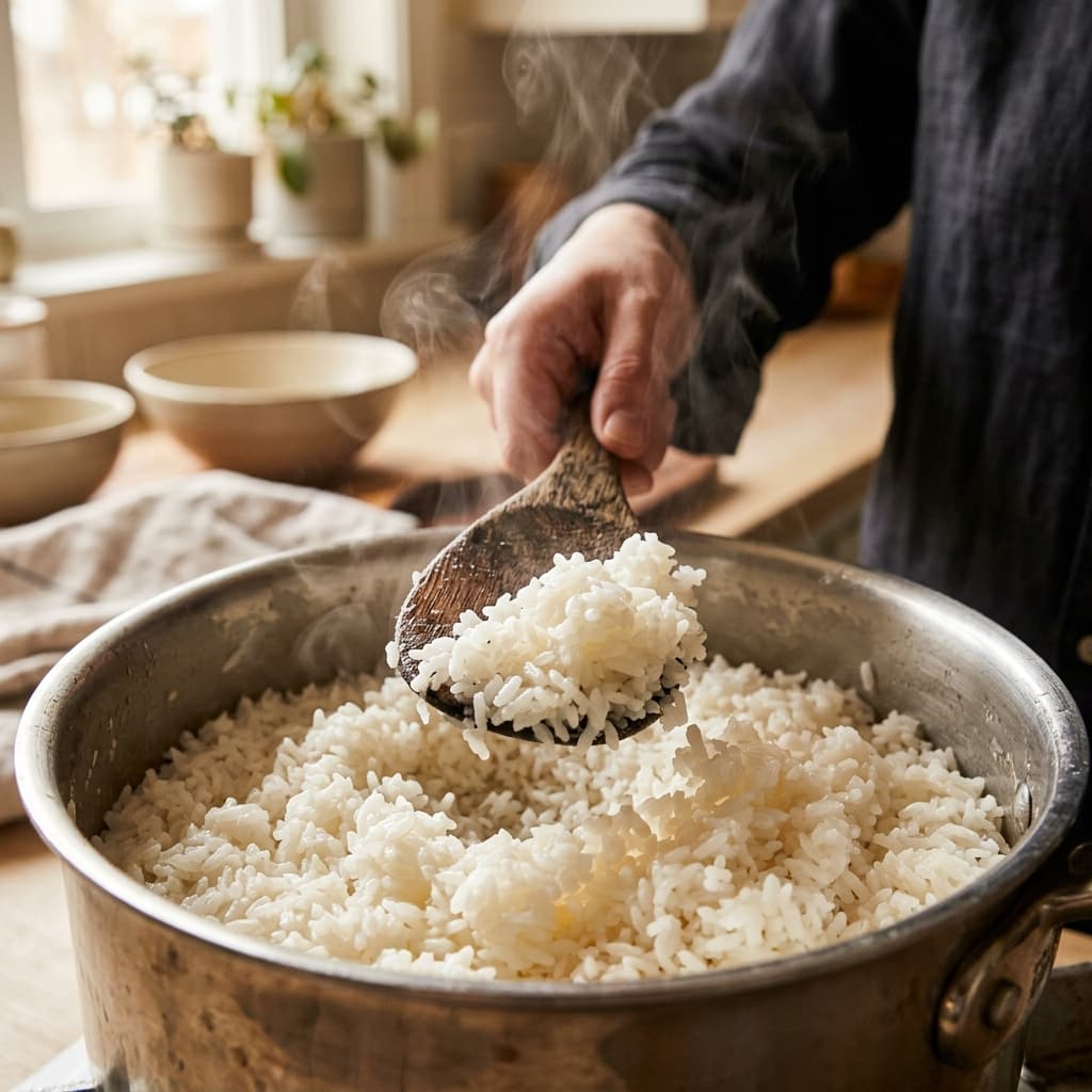 Fluffing steaming cooked rice with a wooden paddle