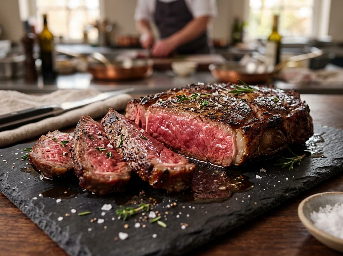 Rare cooked steak cross section