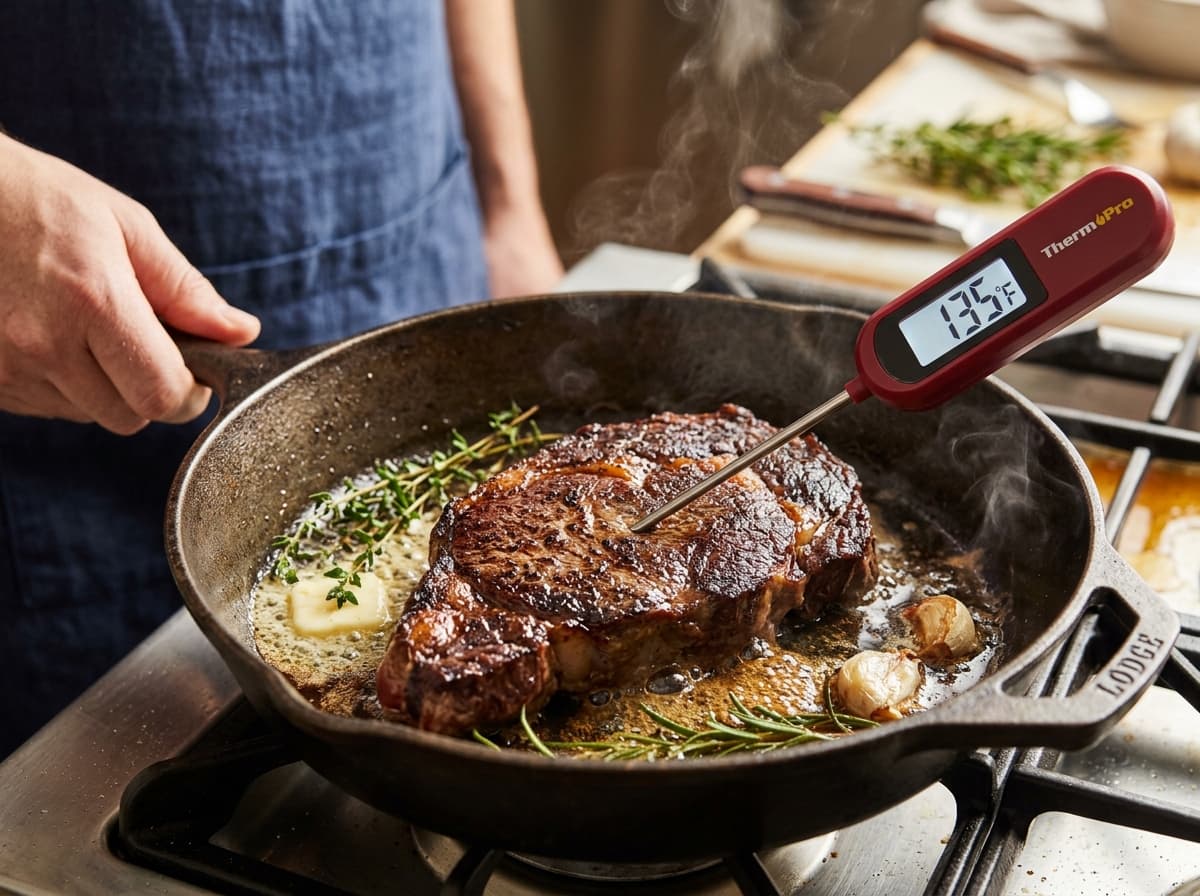 Digital instant read thermometer inserted horizontally from the side into the thickest core of a seared steak