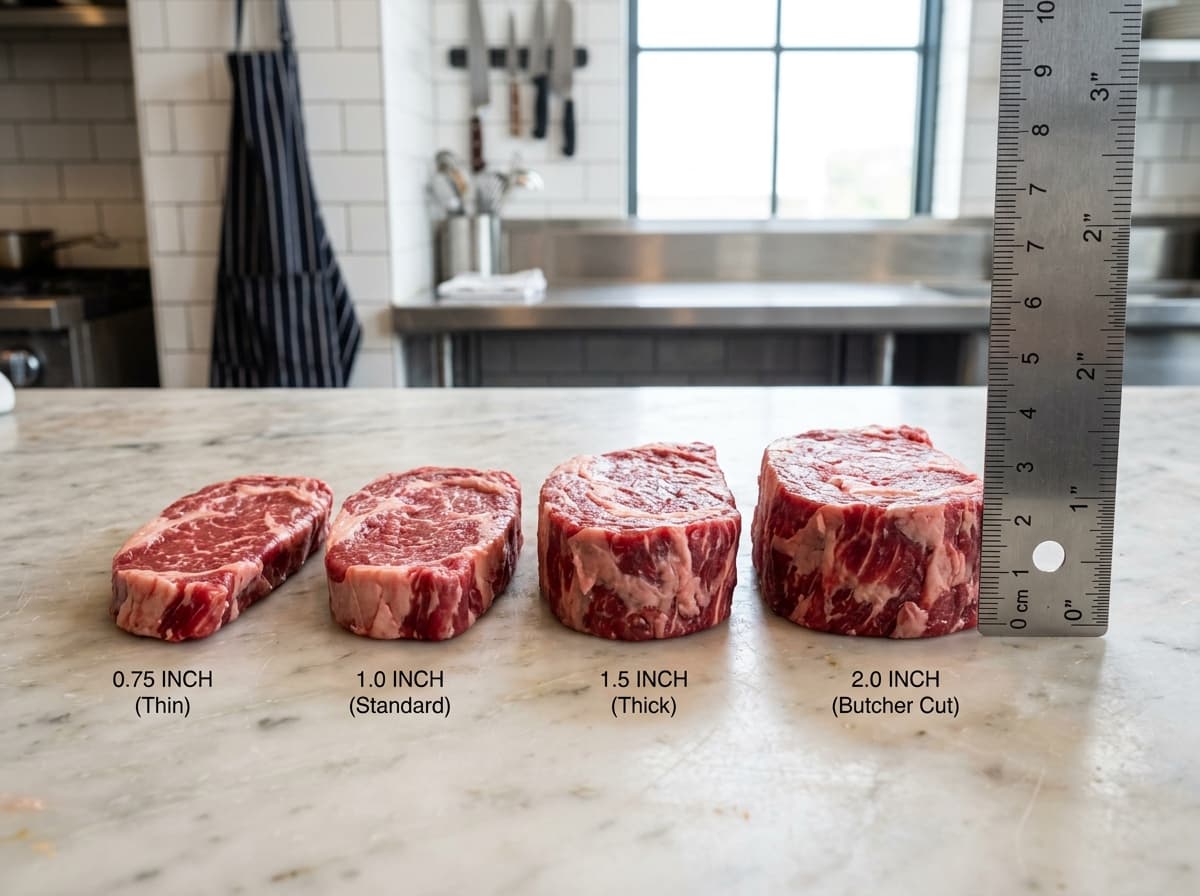 Steak thickness visual guide comparing 0.75 inch, 1.0 inch, 1.5 inch, and 2.0 inch cuts next to a ruler